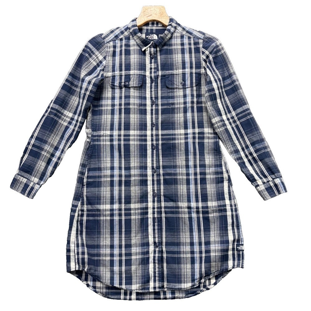 The‎ North Face Shirt Womens M Longline Plaid Button Front Tunic Navy White